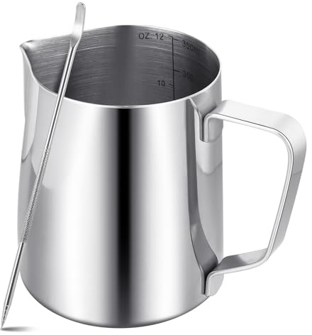 Milchkännchen für Kaffeemaschine,350 ml/12 fl.oz Milchkanne aus Edelstahl 304,Barista-Zubehör aus Metall für Cappuccino,Latte und Espresso,Spülmaschinenfest