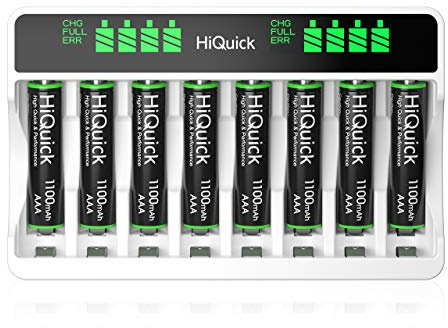 HiQuick Akku Ladegerät mit AAA Akku 8 Stück, für Mignon AA, Micro NI-MH wiederaufladbar Batterien, 8-Ladeplatz mit LCD Anzeige Akkus Ladegerät mit 8 Stück AAA Batterie