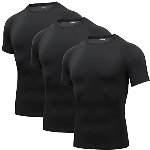 AMZSPORT Herren Kompressionsshirt Kurzarm Funktionsshirts Cool Dry Training Running Top, 3Schwarz-L