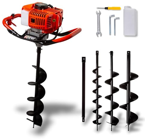 IMJ-Global – Erdbohrer Benzin DEMON da 62cc – 5,2 PS mit 2-Takt-Motor, Benzin-Öl-Gemisch, Benzin Erdbohrer Gartenbohrer Professioneller mit 3 Bohrspitzen (Ø 100 mm, 150 mm, 200 mm)