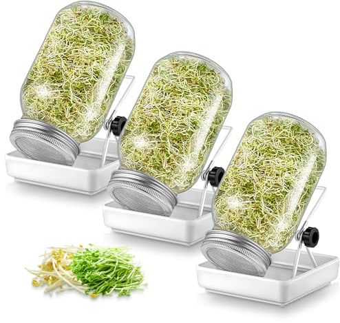 ecooe Sprossen Keimglas 3er Set keimgläser für Sprossenglas Sprouting jar mit 3 Wasserschale 3 Filtergitterabdeckungen aus Edelstahl 304 und 3 Ständer