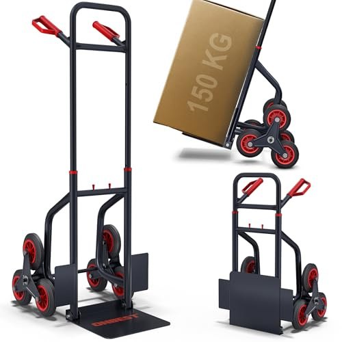 ONBEST Treppensackkarre Sackkarre klappbar – 150 kg Tragkraft – 3-Fach Hartgummi Reifen – Stahlrahmen – XL Schaufel – Sicherheitsgriffe – Treppen Klappsackkarre – Treppensteiger