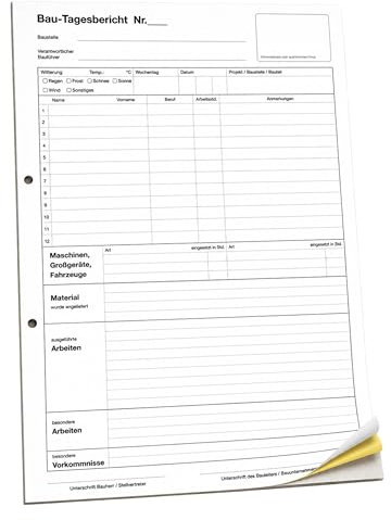 Druckerei Scharlau 5x Bau-Tagesbericht, Baubericht DIN A4, 2-fach selbstdurchschreibend, 2x50 Blatt weiß/gelb - gelocht (22235)