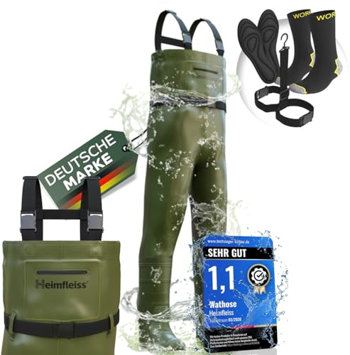 Heimfleiss® Wathose Herren Wasserdicht mit Stiefel (Gr. 45) | Unisex Nylon Anglerhose inkl. Zubehör | rutschfeste Fischerhose zum Angeln oder zur Teichreinigung | Wader Watthose Teichhose Angelhose