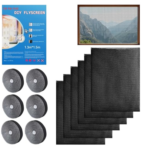 Venprodium 6 Stück Fliegengitter Fenster 130x150 cm, Insektenschutz Fenster | mit Klettband Selbstklebend, Fliegennetz Fenster, Moskitonetz Fenster, Zuschneidbar, für Fenster und Türen, Schwarz