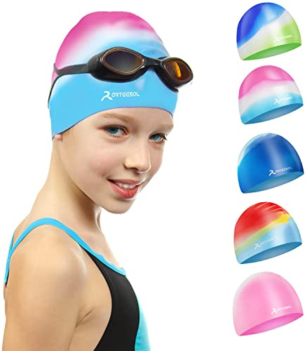 Badekappe für Kinder, Jungen und Mädchen im Alter von 5-12 Jahren, Bequeme Passform für langes und kurzes Haar,Pink & Blue,S