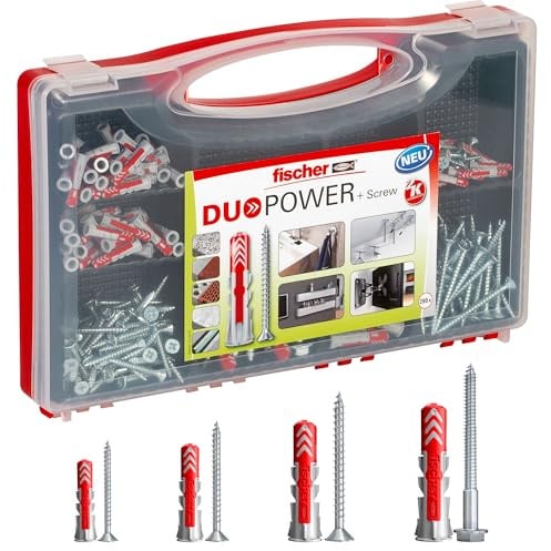 fischer Red-Box DuoPower + Schraube, Sortimentsbox, 280-teilig mit Schrauben & DuoPower Dübeln in verschiedenen Größen, vorsortiertes Set für zahlreiche Baustoffe und Befestigungen