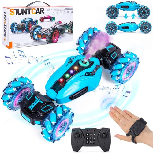 Highttoy 4WD 360°Drehung Ferngesteuertes Auto ab 6 Jahre mit Handsteuerung | 2.4GHz Handgesteuertes RC Stunt Twist Auto mit Sprühen, Musik & Licht, Umschaltung zwischen 2 Modi, Automatische Vorführung
