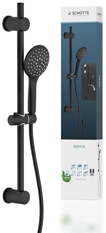 Schütte 64916 Raven Duschstange und Handbrause | Duschbrause mit 3-Fach verstellbarem Duschkopf | Brauseset mit Duschsäule | Regendusche Duschpaneel mit Schlauch | Schwarz