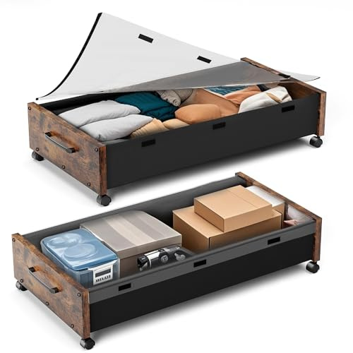 JSHNE Holz-Unterbett-Aufbewahrung mit Rollen, 80L Extra-große rollende Unterbett-Aufbewahrungsboxen 2er-Pack mit abnehmbarem Deckel, Verbesserte Metall-Unterbett-Schubladen für Kleidung Schuhe