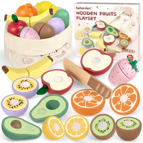 Kinderküche Spielküche Zubehör aus Holz, Küchenspielzeug Schneiden Obst | Holzspielzeug zum Schneiden mit Tragetasche und Klett-Verbindung, Obst Gemüse Lebensmittel Lernspielzeug Geschenk für Kinder