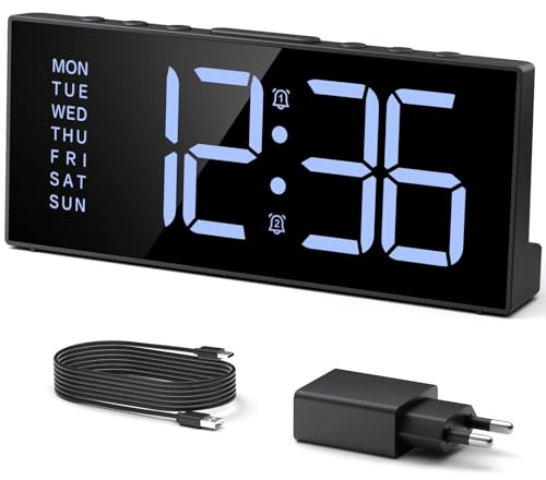 LATEC Wecker Digital, Digitalwecker mit 2 Alarme, Snooze, 3 Alarmzeiten, Digital Uhr mit 4 Helligkeitsstufen + AUS, 3 Lautstärkestufen, USB-Ladeanschluss, Netzbetrieben, Wecker Laut für Tiefschläfer