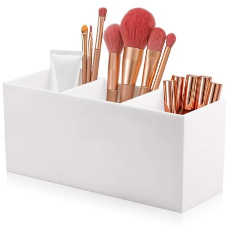 SJDOFU Make-up-Pinselhalter, Kosmetik Pinselhalter mit 3 Fächern, Acryl Schminkaufbewahrung Kosmetikpinsel Behälter Make Up Pinsel Organizer für Pinsel Eyeliner Lippenstift Bürsten (Weiß)