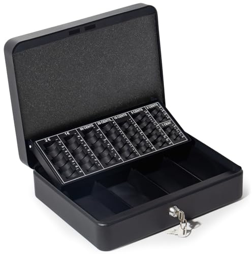GREELUE Geldkassette mit münzzählbrett, 30x24x9 CM, Kasse Abschließbar, Cash Box Groß, Spardose, Geld organizer (Schwarz-30cm)