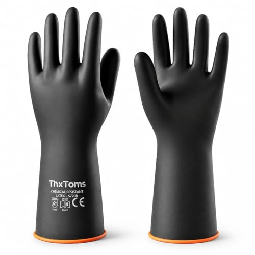 ThxToms Gummihandschuhe, Chemikalienbeständige Reinigungshandschuhe, 35cm | Naturlatex, beständig gegen starke Säuren, Laugen und Öl, Schwarz, ideal für Haushalt, Putzen, Gartenarbeit, Autowäsche