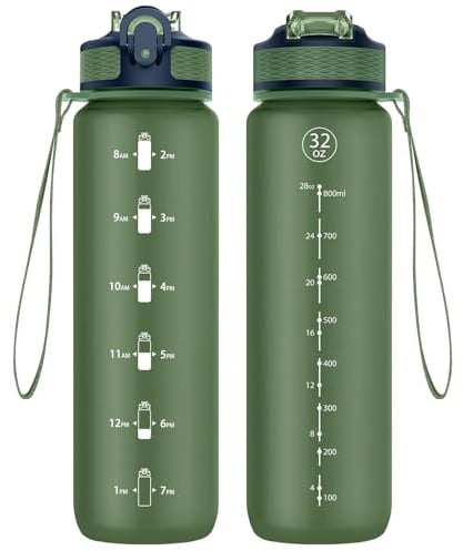 NAVTUE Trinkflasche, 1L Sport-Wasserflasche mit Strohhalm, Zeitmarkierungen, auslaufsicher, BPA-freiTritan, Wasserflasche für Schule Radfahren Laufen (1 Flasche)
