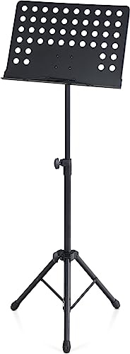 Pronomic OS-01P Orchesterpult Lochblech Ständer (Notenständer mit Notenklemmen, Abnehmbare Ablage, 2 Federklemmen, ausziehbar von 69 cm bis 115 cm) schwarz