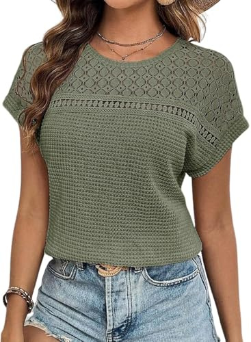 Chicrise Bluse Damen Elegant Kurzarm Spitzen Oberteile Häkel Tshirt Sommer | Sommer,Spitze,Kurzarm,Elegant,Waffelstrick,Häkel,Hollow Out,Rundhals,Lässig,Leicht,Einfarbig,Luftig