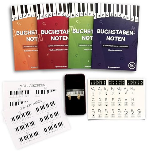 MEGA Paket der Buchstaben-Noten. Klavierspielen nur mit Buchstaben. 4 Bücher für Anfänger. 324 einfache Lieder & Videoaufnahmen + Klavier & Keyboard Aufkleber für Tastatur.