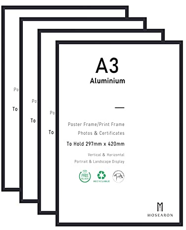 A3 Zertifikatsrahmen schwarz Aluminium Bilderrahmen, 29.7 x 42 cm, 4er-Pack | schwarzer Aluminium Fotorahmen mit Plexi-glass für Wandmontage-Display