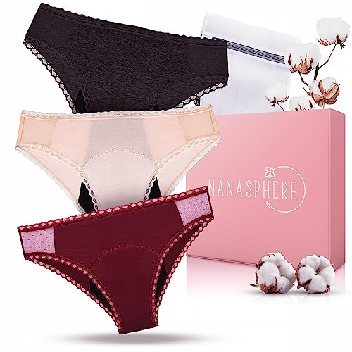 NANASPHERE 3er Set Menstruationsslips Ultra Saugfähig Bio-Baumwolle + Waschbeutel | Starke Blutung Wiederverwendbare Unterwäsche Auslaufschutz Postpartum Teenager