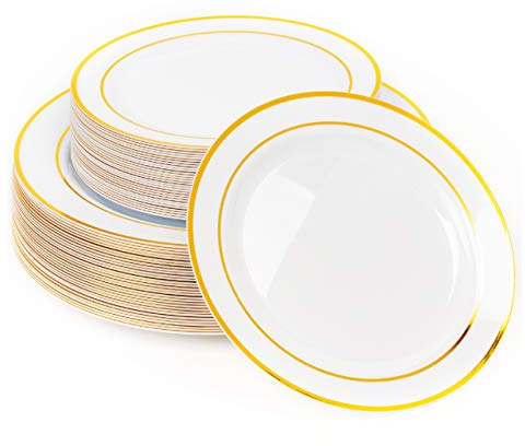 MATANA 60 Weiße Plastikteller mit Goldrand, 2 Größen - Mehrweg Kunststoffteller, Partyteller Gold für Hochzeiten, Geburtstage & Partys - Elegantes & Stabiles Partygeschirr