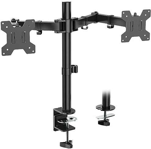 WALI Monitor Halterung 2 Monitore, Monitorhalterung für 2 Monitore bis zu 27 Zoll, Monitor Tischhalterung Höhenverstellbar Neigbar Schwenkbar Drehungbar, VESA 75/100 mm(M002), Schwarz
