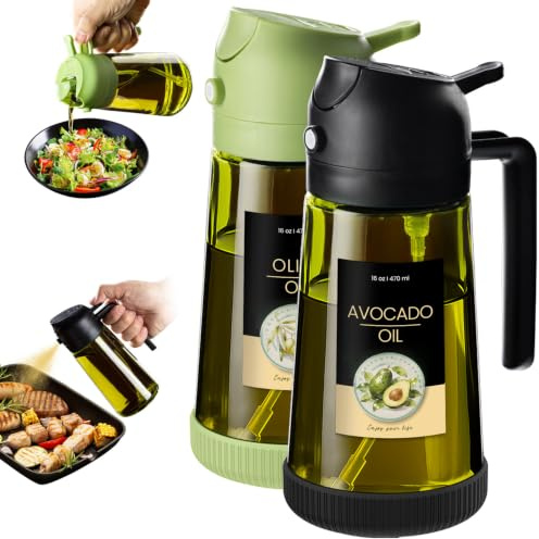TrendPlain 16oz Ölsprüher für Speiseöl – 470ml Olivenöl Flasche – 2-in-1 Ölspender und Ölsprüher – Küchen Gadgets für Kochen, Salat und Grill (Schwarz & Grün - 1)