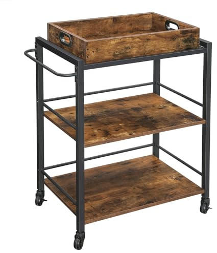 VASAGLE Servierwagen, Küchenwagen, abnehmbares Tablett, mit verstellbaren Füßen und Rollen, Küchenregal, Stahlrahmen, 40 x 72 x 86 cm, Industrie-Design, vintagebraun-schwarz LRC72X