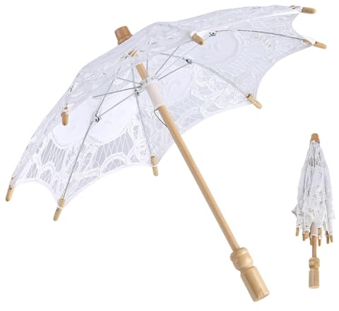 Tissting Weißer Vintage Spitzenschirm, Hochzeitsschirm Brautschirm Sonnenschirm Boho Spitze Regenschirm Hochzeit Stickerei Für Braut Sonnenschirms Verzierter Regenschirms