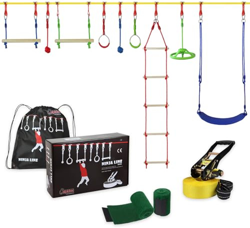 ALPIDEX Ninja Line Kinder Slackline Hindernisse Set Turnringe Seilknoten Schaukel Kletterleiter Zubehör Erweiterbar Warrior Parcours 7 Jahre Garantie auf Material*, Stil:Max