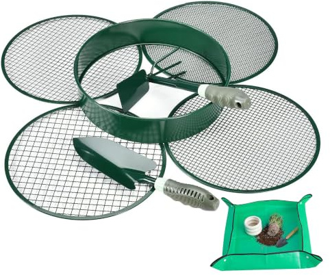johgee 4 in 1 Gartensieb Erde groß Sieb Witterungsbeständig Sieb, mit 4 austauschbare Siebeinsätze Ø 3,6,9,12 mm + 2 teiligem Gartenwerkzeug Set für Erde Steine Kompost Sand usw.