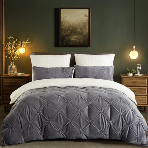 Winter Bettwäsche 135x200cm Flanell Fleece Grau Weiß Wendebettwäsche Set Flauschig Plüsch Sherpa Cashmere Touch Pintuck Bettbezug und Kissenbezug 80x80cm mit Reißverschluss,Oeko-Tex Zertifiziert