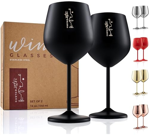 Weingläser mit Stiel aus Edelstahl - Unzerbrechliche Kelche mit 540 ml Fassungsvermögen für Poolpartys im Freien, Jubiläen - Elegantes Trinkgeschirr in Schwarz für Champagner und Cocktails (2er Pack)