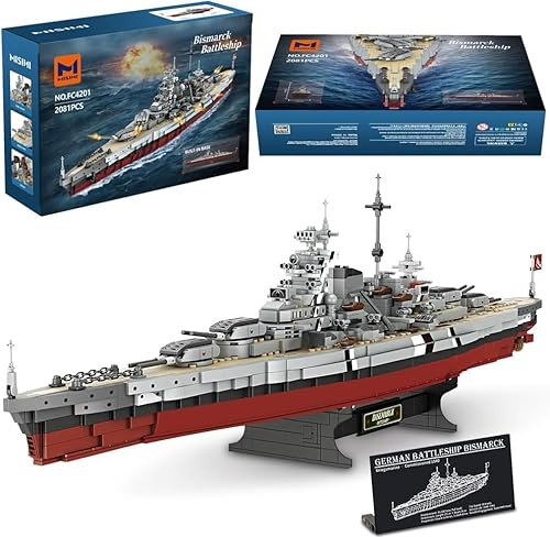 MISINI Technik FC4201 Deutsches Schlachtschiff Bismarck klemmbausteine, 2081 PCS/MOC Groß WWII Deutsches Militär Kriegsschiff Marine-Schlachtschiff Modell für Erwachsene