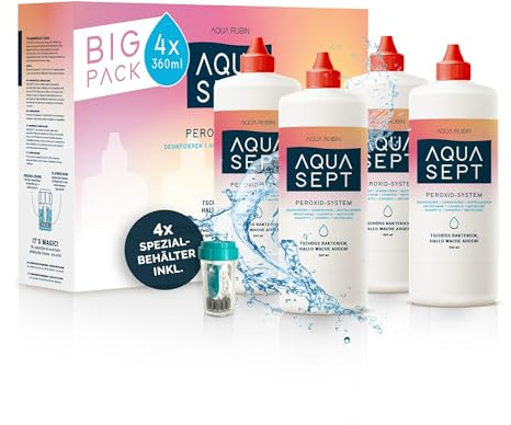 AQUA SEPT Peroxid Lösung für Kontaktlinsen, intensive Reinigung und Desinfektion, inklusive Spezialbehälter mit Platinscheibe (4x360ml)