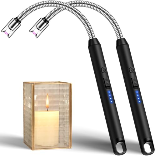 LcFun Stabfeuerzeug USB Aufladbar, Lichtbogen Feuerzeug Elektrisch mit Längerer Hals, Sicherheitsschloss, Typ C Aufladbar Plasma Feuerzeug Kerzenanzünder für Küche, Kamin, Feuerwerk (2 Schwarz)