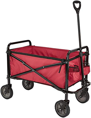 Amazon Basics Zusammenklappbarer Bollerwagen für den Garten, faltbar, mit Abdeckung, für den Außenbereich, Rot