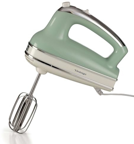 Ariete Vintage, Multifunktions-Handmixer 1548, 5 Geschwindigkeiten, Turbo-Funktion, 2 Edelstahlrührbesen zum Schlagen und Kneten, Geeignet für Kuchen- und Pizzateig und Schlagsahne, 450W, Grün