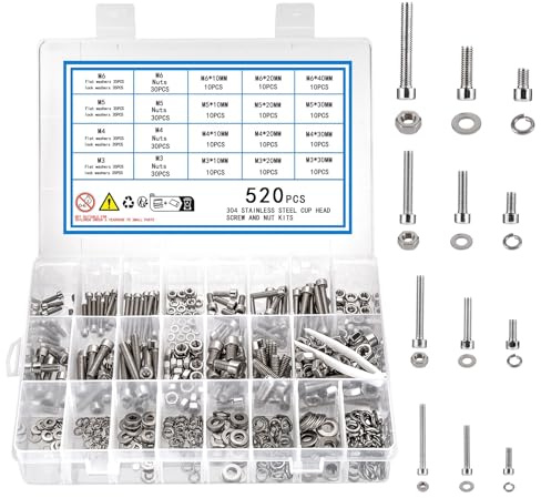 KOXXIAMOQ 520 Stück Schrauben Set, M3 M4 M5 M6 Zylinderschrauben mit Innensechskant Schraube mit Muttern und Unterlegscheiben, Edelstahl Gewindeschrauben Sortiment Set (520)