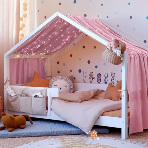 Vicloon Hausbett Himmel, Betthimmel Hausbett aus 100% Baumwolle Musselin Handmade, Stoffhimmel für Kinderbett Kinderzimmer, Betthimmel für Hausbett Deko Mädchen & Jungen, 135 x 360 cm, Dunkelrosa