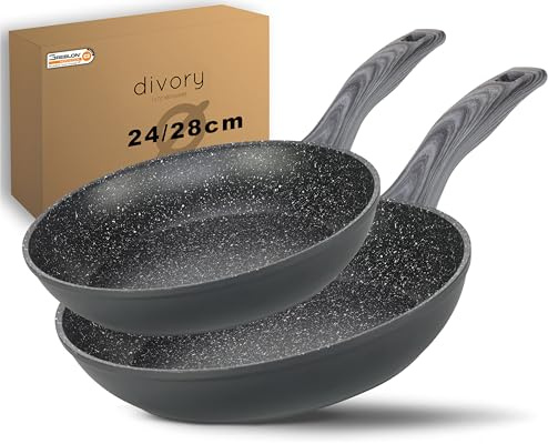 DIVORY beschichtete Bratpfanne – Antihaft beschichtete Pfanne für alle Herdarten – Universalpfanne Spülmaschinen geeignet + Backofenfest und frei von PFOA/APEO (2er Set (24,28cm), Graues Holz)