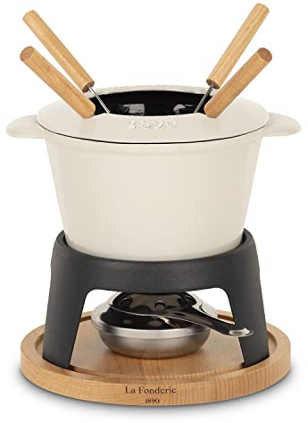 La Fonderie 1890 Mont Joly Fondue-Set aus Gusseisen für 4 Personen, für Käse- und Schokoladenfondues, Spritzschutzdeckel, 4 Gabeln mit Buchenholzgriffen, Kapazität 1,2L