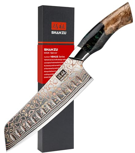 SHAN ZU Kupfer Damastmesser Santokumesser Japanisches Kochmesser 18cm | Handgeschmiedet Küchenmesser 33 Schichten Profi Fleischmesser Ahornholzgriff - VENUS-Serie