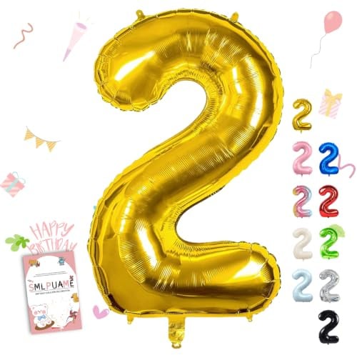 Smlpuame 102cm Golden Luftballon 2, Riesen Folienballon Zahl 2 Party-Deko | Nachfüllbare Große 2 Helium-Ballon 2nd Geburtstagsdeko Kinder Mädchen Junge Ballon Zahl Deko zum Jubiläum Neujahr Hochzeit