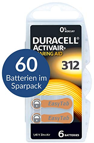 60 x Duracell Activair Hörgerätebatterien Typ 312 braun - Mercury Free 0% Hg