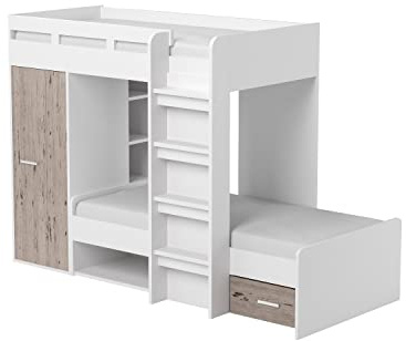 MAXI Hochbett Etagenbett Sandeiche Optik Weiß 269 x 180 x 115 cm (B/H/T) | Zwei Liegeflächen 90 x 200 cm, integrierter Schrank, platzsparendes Design für das Kinderzimmer