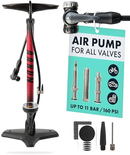 AARON Sport One Fahrrad Standpumpe mit Manometer für alle Ventile, Hochdruck Fahrradpumpe Rennrad, Luftpumpe, Pumpe mit Ball Aufsatz Rot