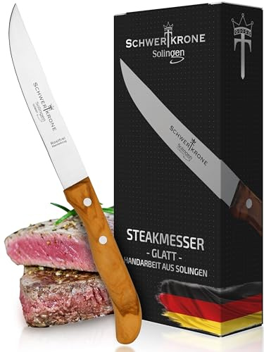 Schwertkrone Steakmesser Brotzeitmesser Frühstücksmesser Schinkenmesser Solingen Germany Olivenholz (Glatte Schneide)