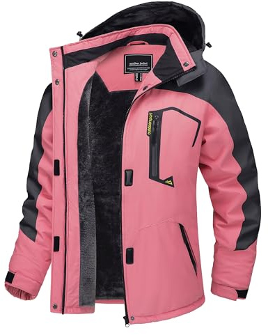 TACVASEN Damen Funktionsjacke Wandern Winterjacke Winddicht Wasserdicht Regenjacke Warm Fleece Snowboardjacke Wetterjacke, Rosa-grau, L